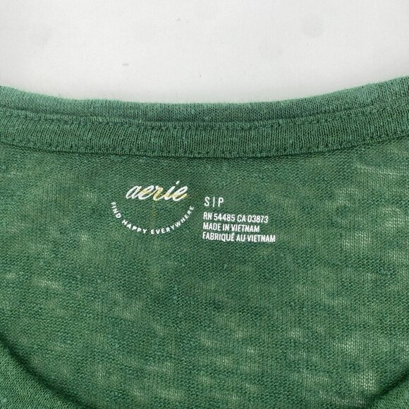 Aerie Size Small Breezy Boyfriend Linen Blend T-Shirt Green Happy Right Here - Picture 8 of 13